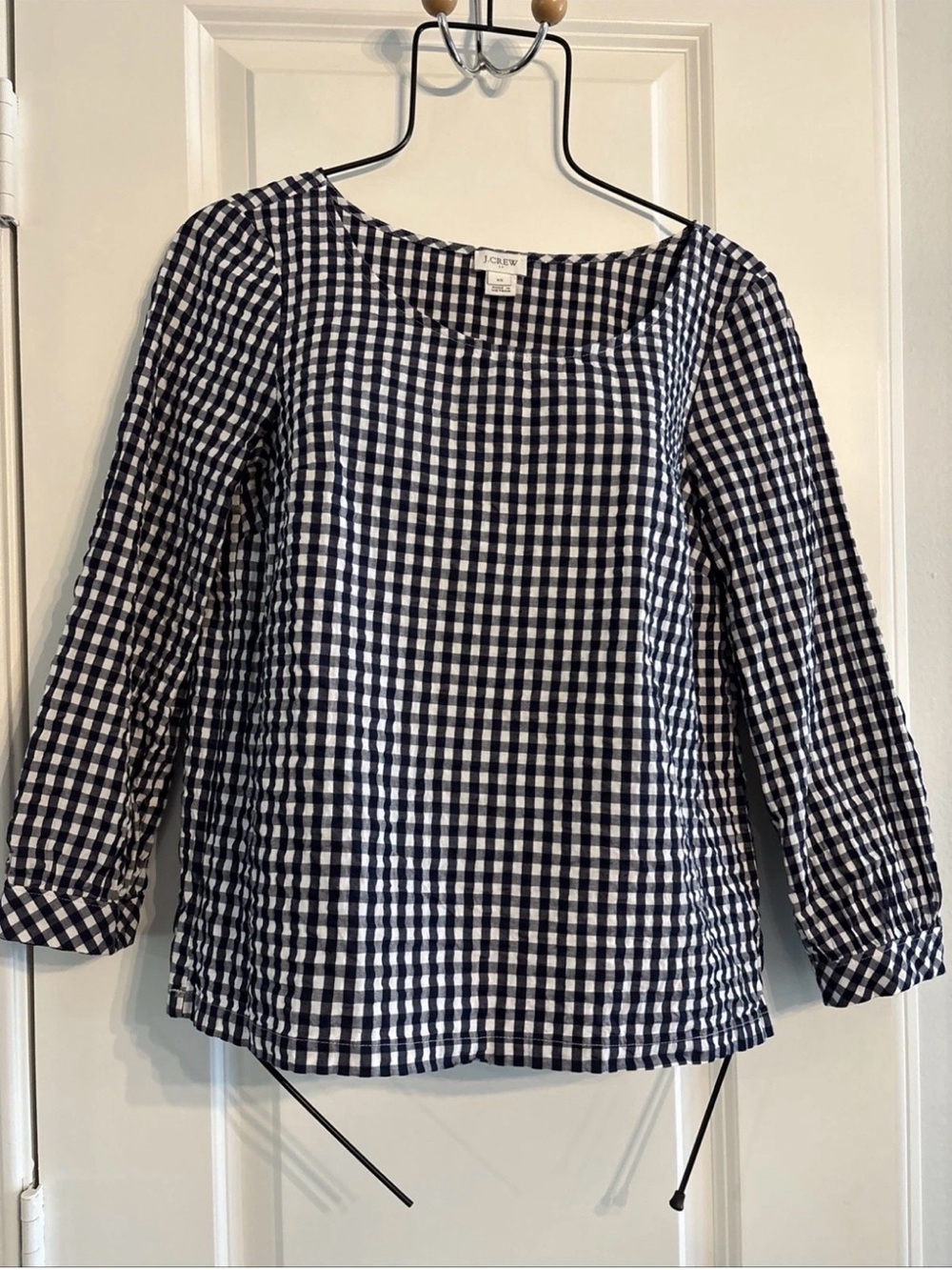 J. Crew Women’s Black and White Gingham Cotton 3/4 sleeve Top. XS
